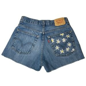 LEVIS Shorts Cutoffs 25” Y2K Daisy Hand Embroidered 569 Relaxed